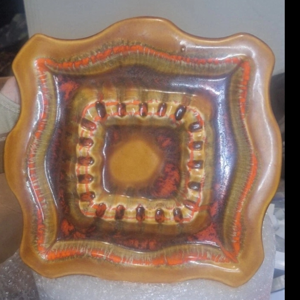 mid century modern 1960's DeForest Calif  Drip Glaze Bright Orange, Green, Brown